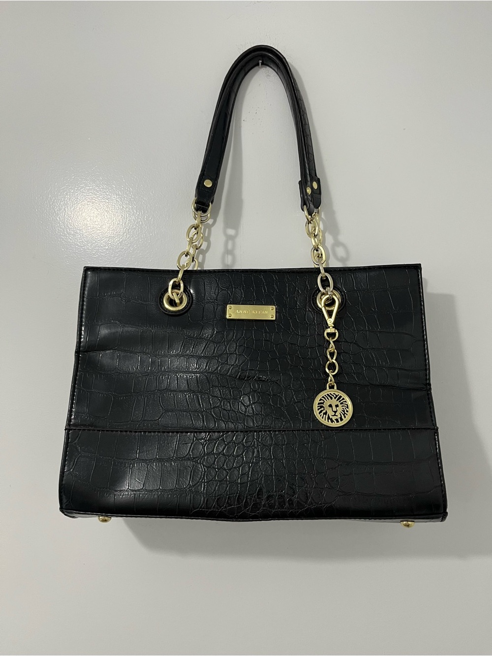 Anne Klein Black Croc-Embossed Shoulder Tote with Gold Hardware